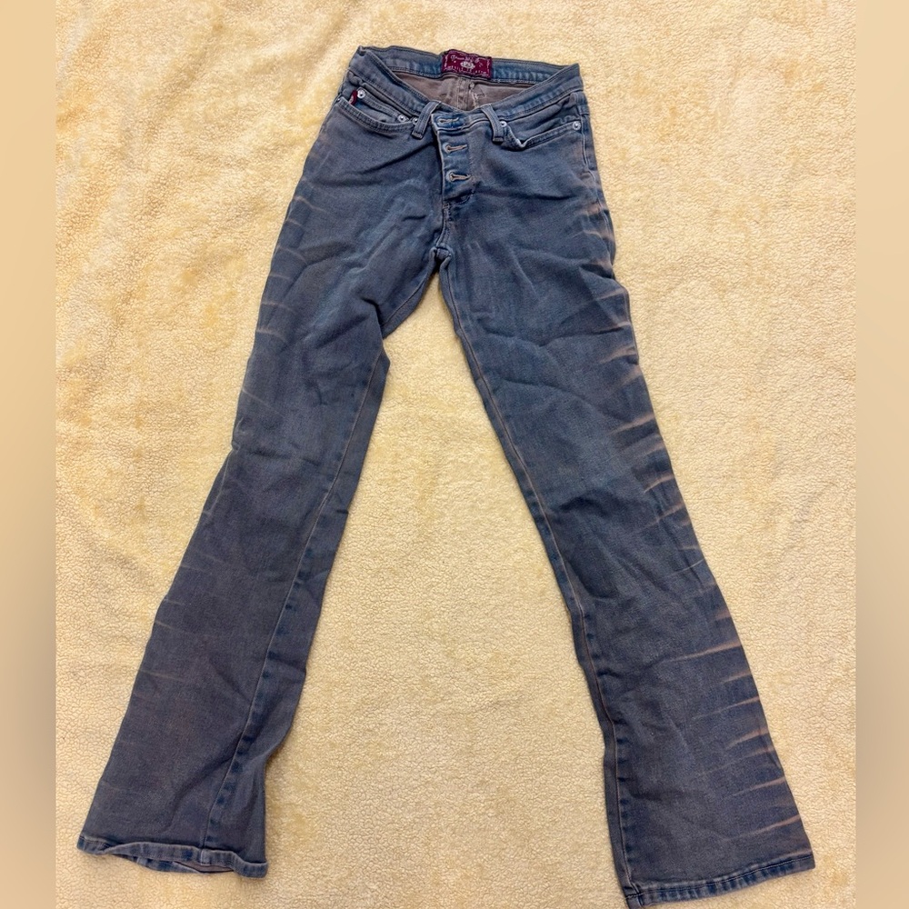Picassa Made to list vintage button up Gray Flare Jeans w cool side details